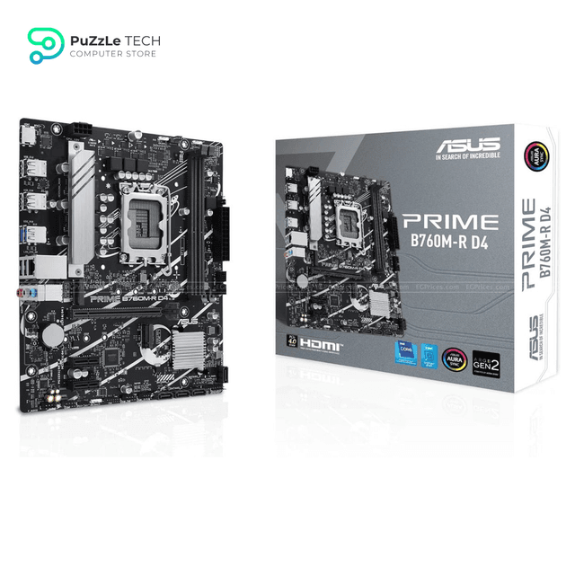 ASUS PRIME B760M-R D4, an Intel B760 LGA 1700 micro-ATX motherboard with PCIe 4.0, two PCIe 4.0 M.2 slots, DDR4, Realtek 2.5Gb Ethernet, HDMI™, SATA 6 Gbps, front USB 5Gbps ports, Aura Sync