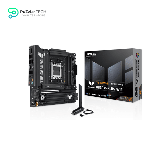 ASUS TUF Gaming B850M-PLUS WiFi AMD AM5 B850 mATX Motherboard, 14+2+1 80A DrMOS Stages, DDR5, PCIe 5.0, 3X M.2, Wi-Fi 6E, 2.5Gb LAN, DP, HDMI™, USB 10Gbps & 20Gbps Type-C®, BIOS Flashback™, Aura Sync